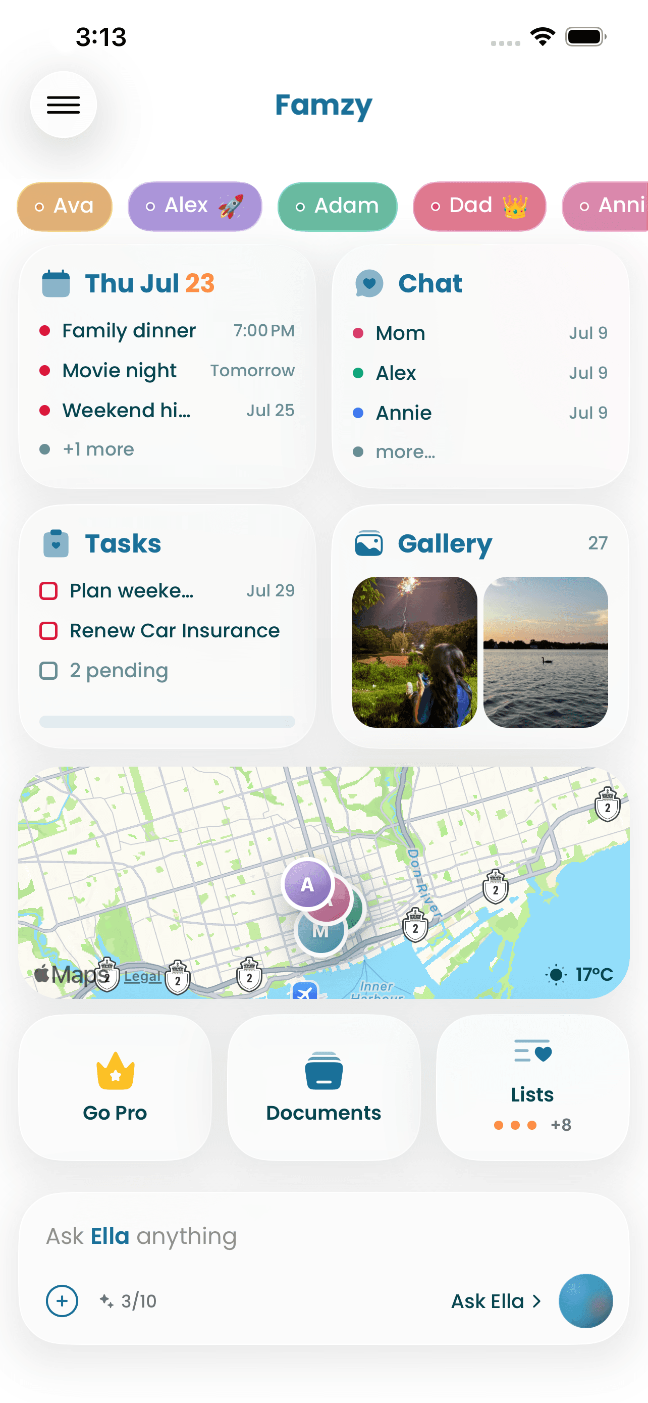 Famzy dashboard with family calendar, tasks, chat and map