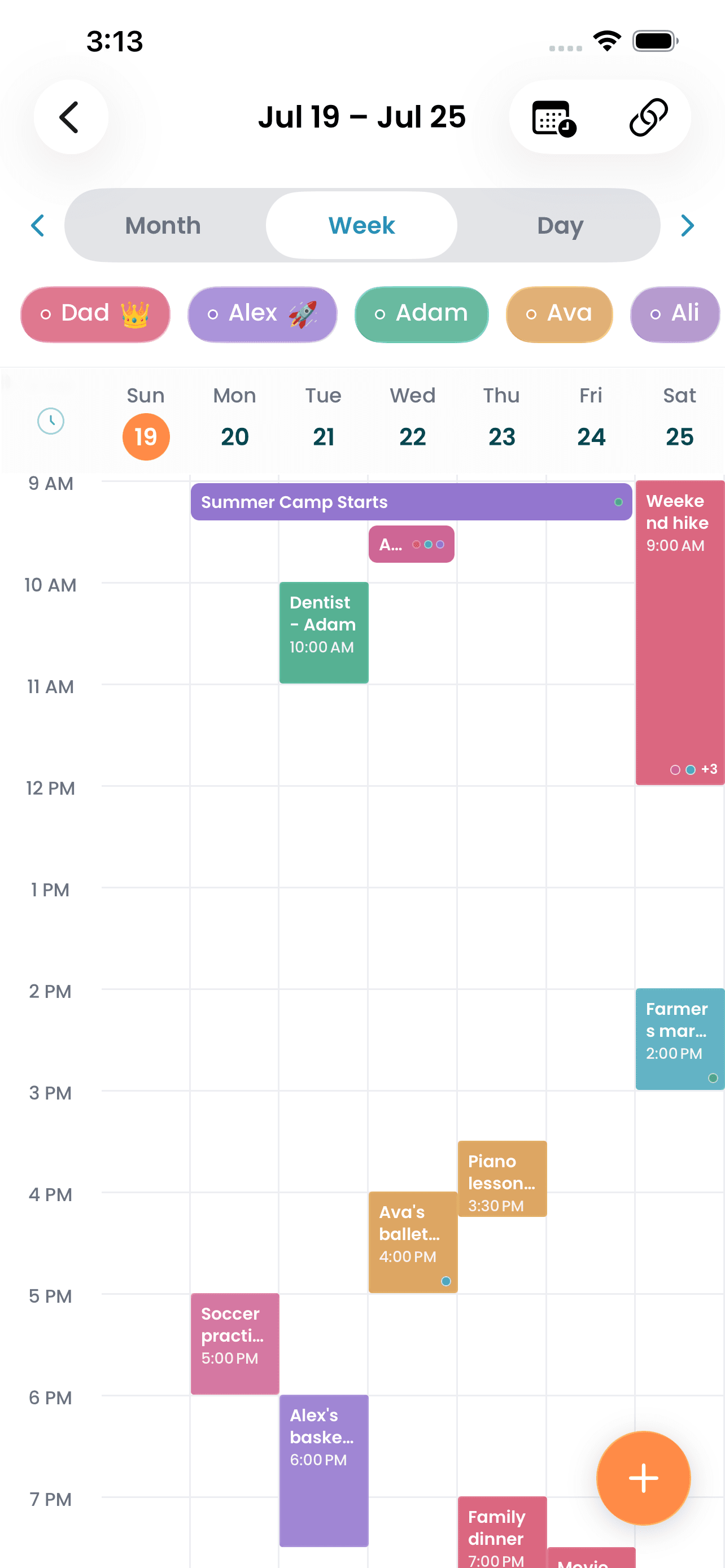 Shared weekly calendar with events for each family member
