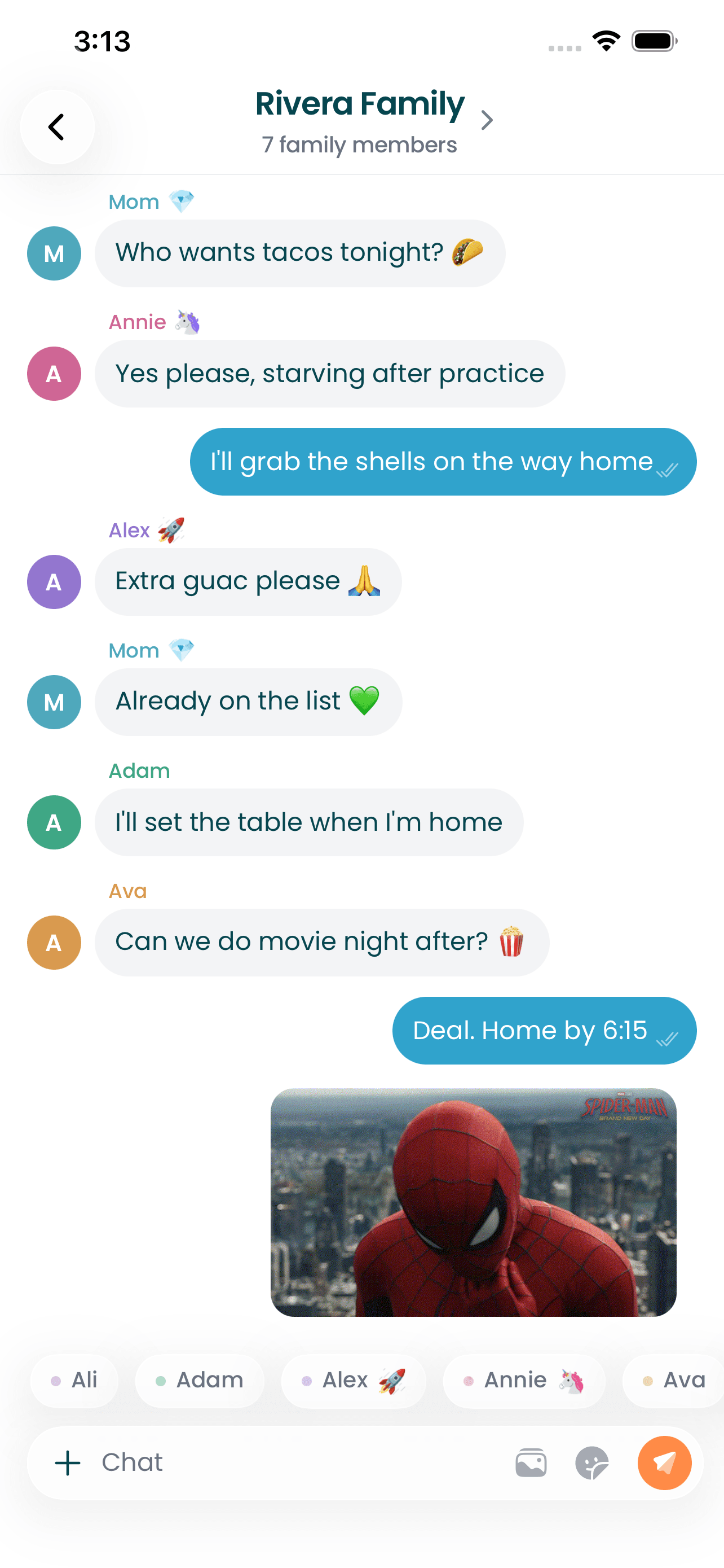 Family group chat planning dinner and movie night
