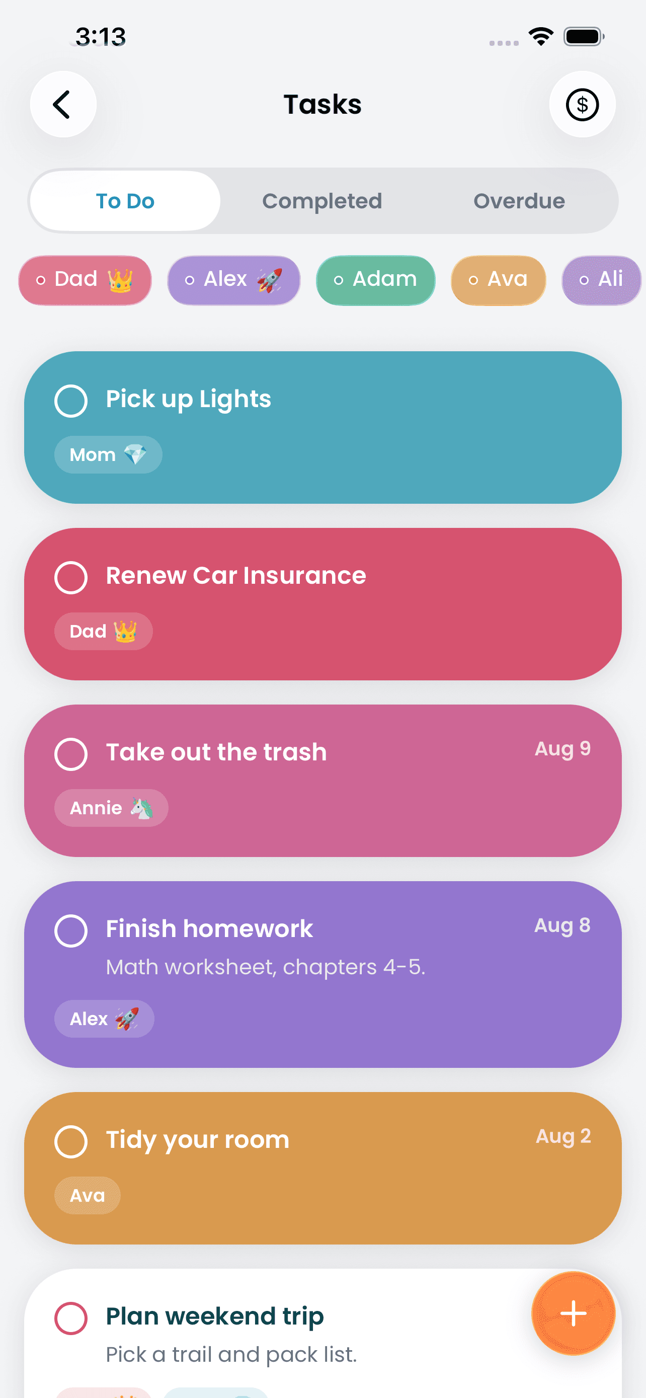 Shared tasks organized by family member