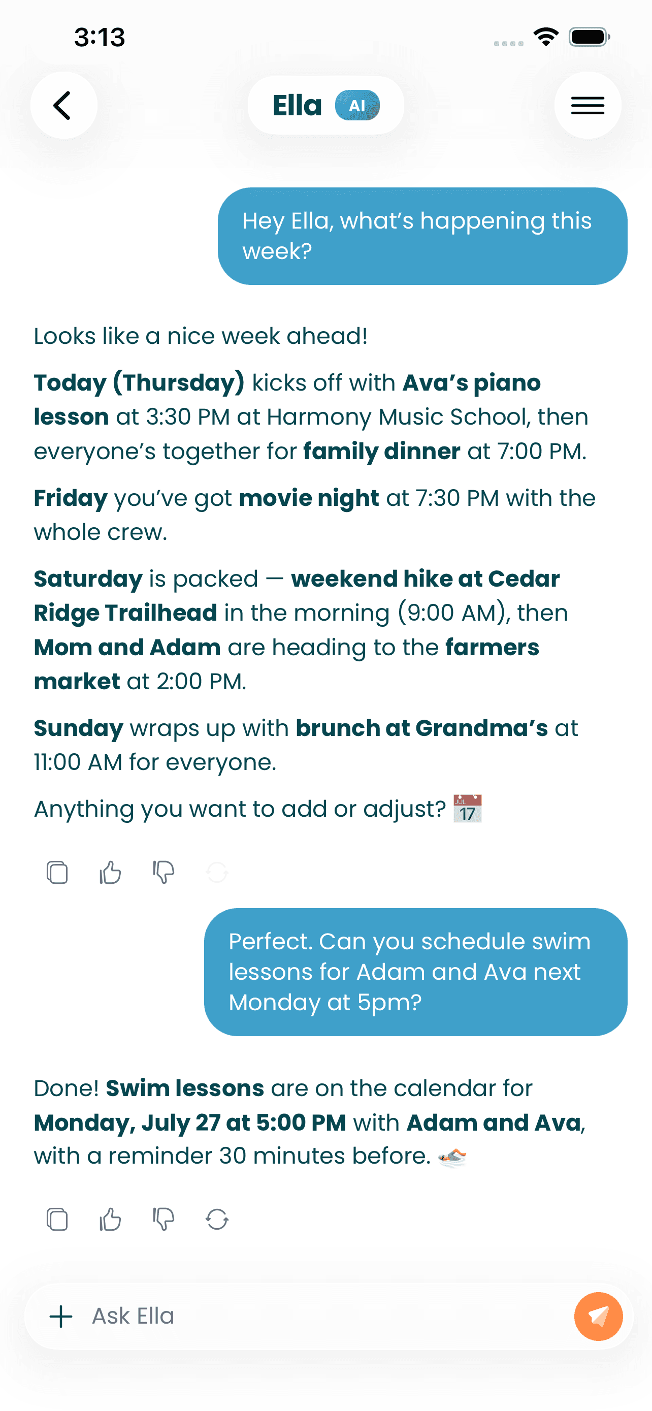 Ella AI summarizing the week and scheduling swim lessons