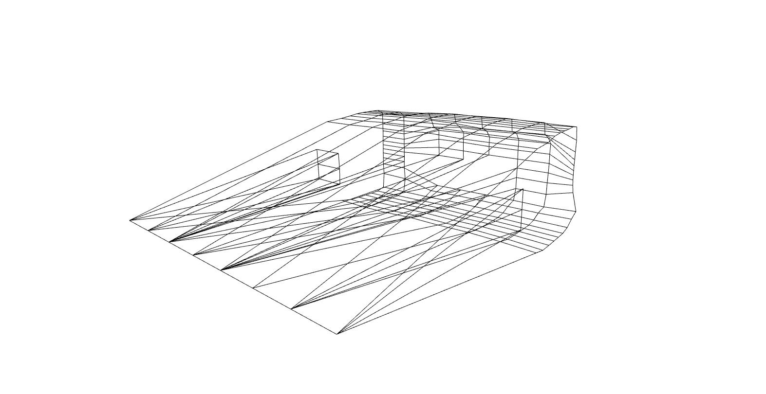 Wireframe reconstruction of a hallway, with walls and rectangular structural features.