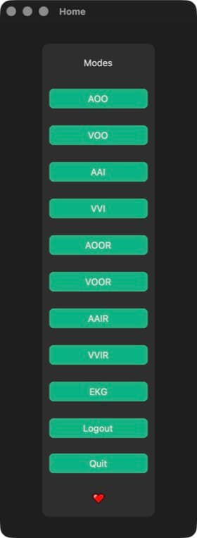 Original pacemaker desktop GUI with buttons for AOO, VOO, AAI, VVI and rate-responsive modes.